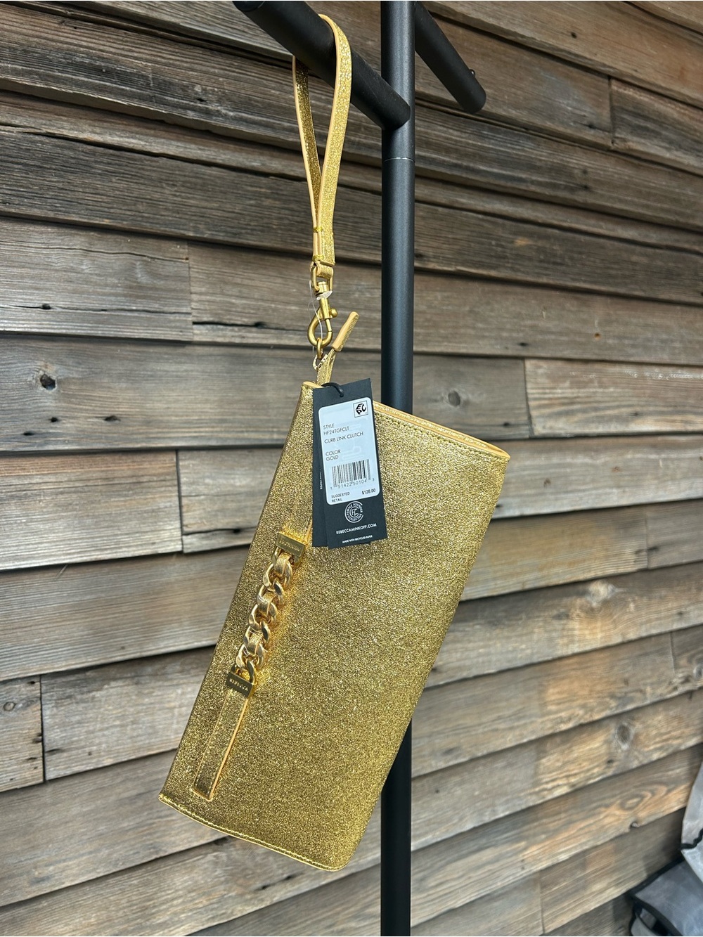 Rebecca Minkoff Metallic Gold Wristlet Clutch with Chain Detail